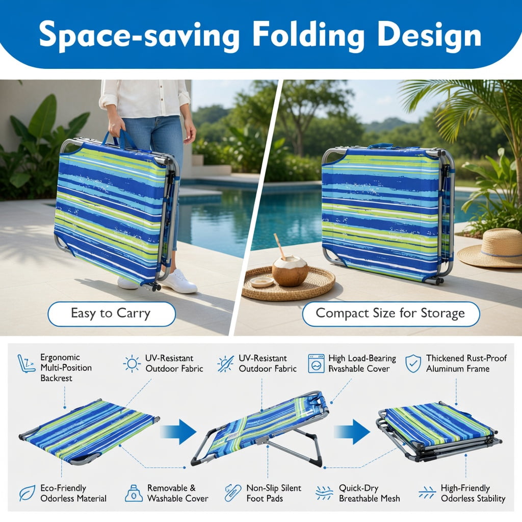 Hommoo Premium Foldable Beach Lounge Chair with Removable Pillow, Adjustable Reclining Outdoor Lounger for Beach, Pool & Patio, Blue