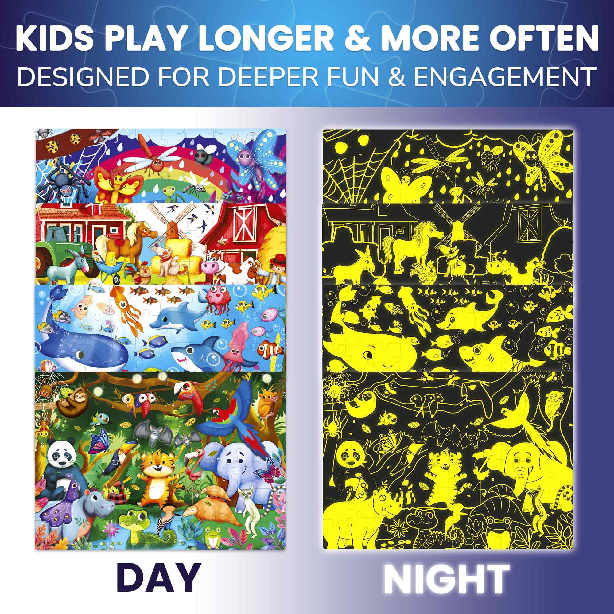 Quokka Glow-in-the-Dark Jigsaw Puzzles 4 Set – 60-Piece Puzzle for Kids Ages 3+, Bugs & Animals