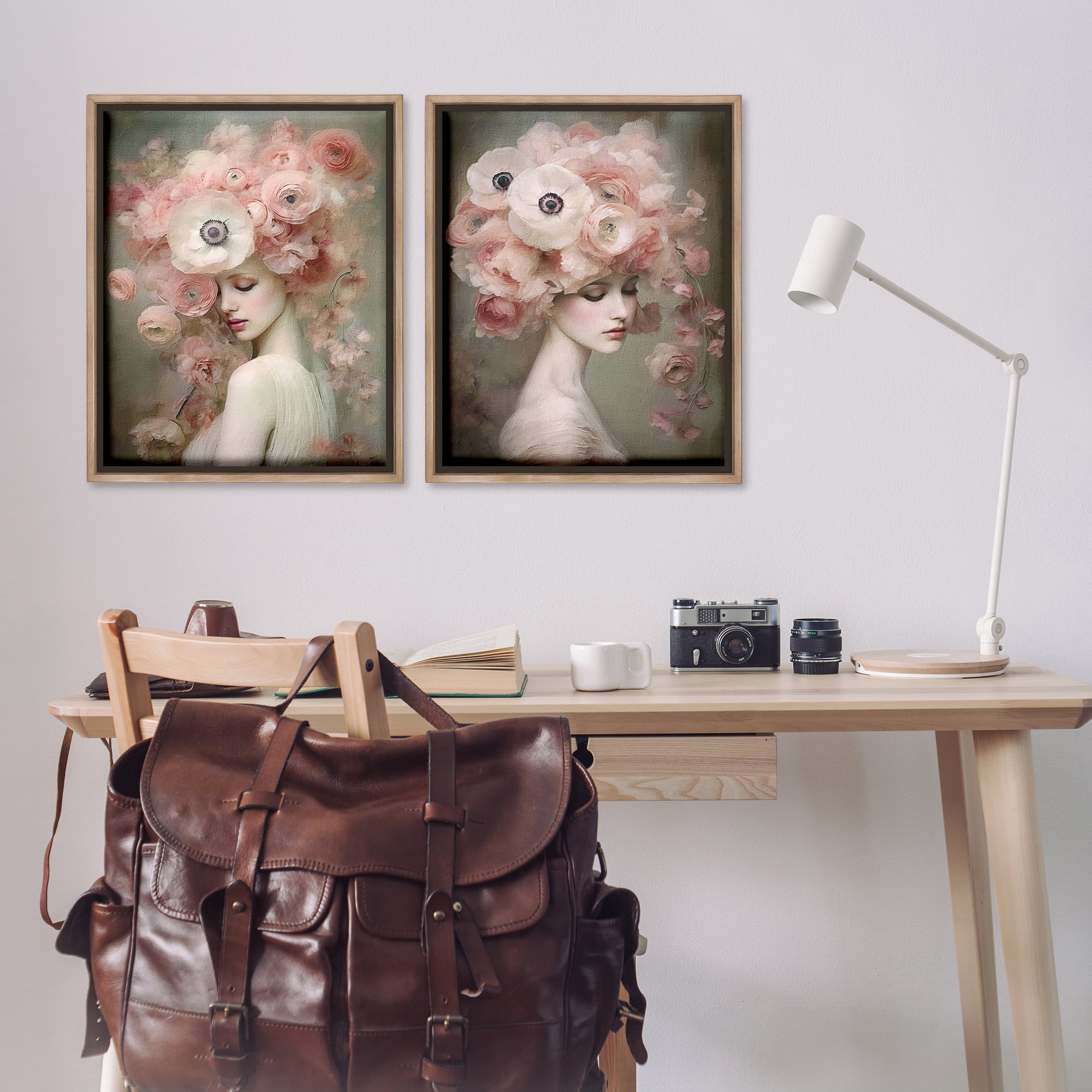 Stupell Industries Coral Blush Female Figure Plants & Flowers Painting Brown Floater Framed Canvas Art Print Wall Art, 31 x 25, Set of 2