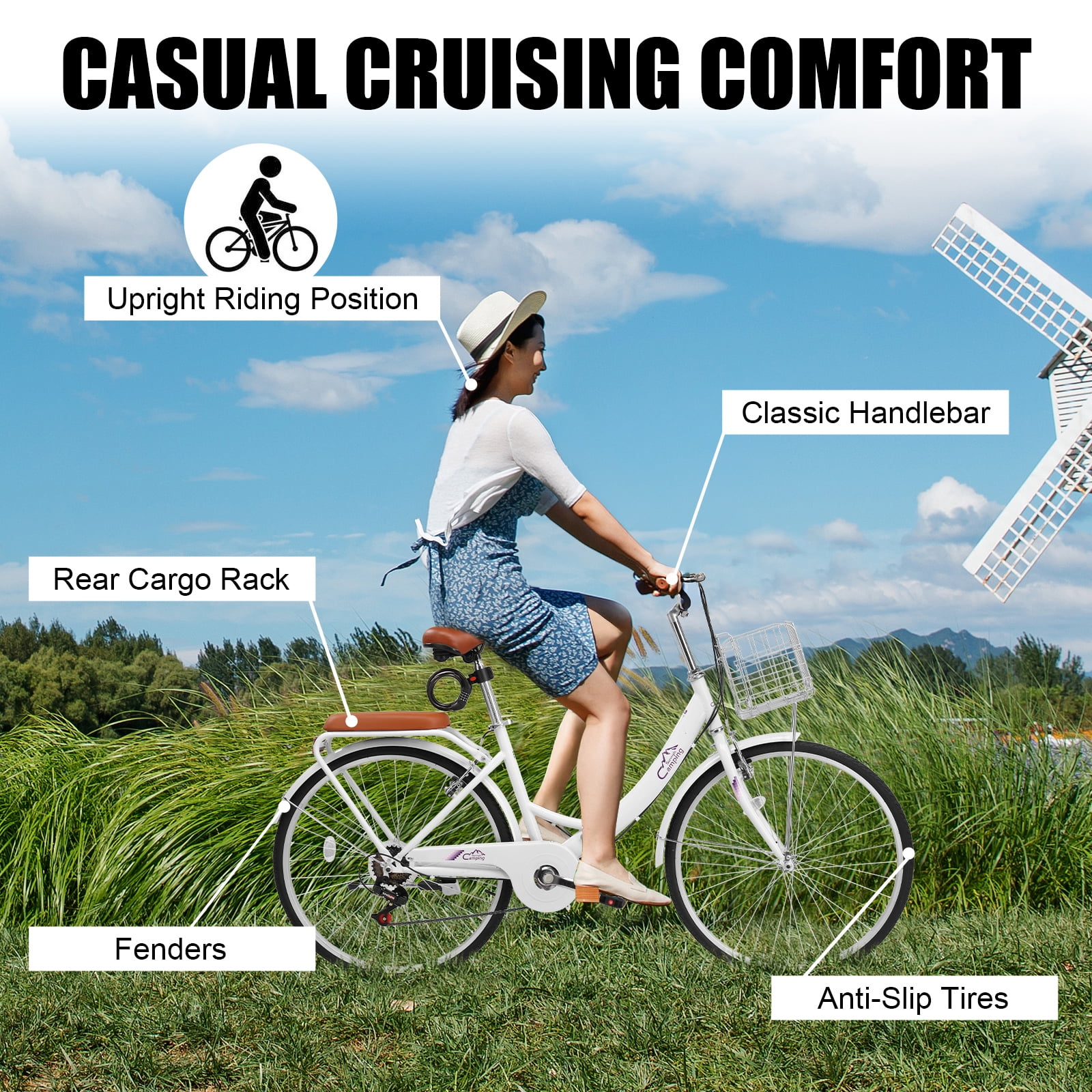 Ktaxon 26 Inch Folding Beach Cruiser Bike, 7 Speed Womens Bike with Foldable Basket, Lock & Rack, White