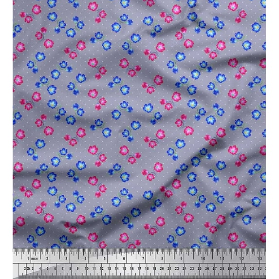 Soimoi Cotton Jersey Fabric Dot,Blue & Pink Flower Floral Print Fabric by Yard 58 Inch Wide