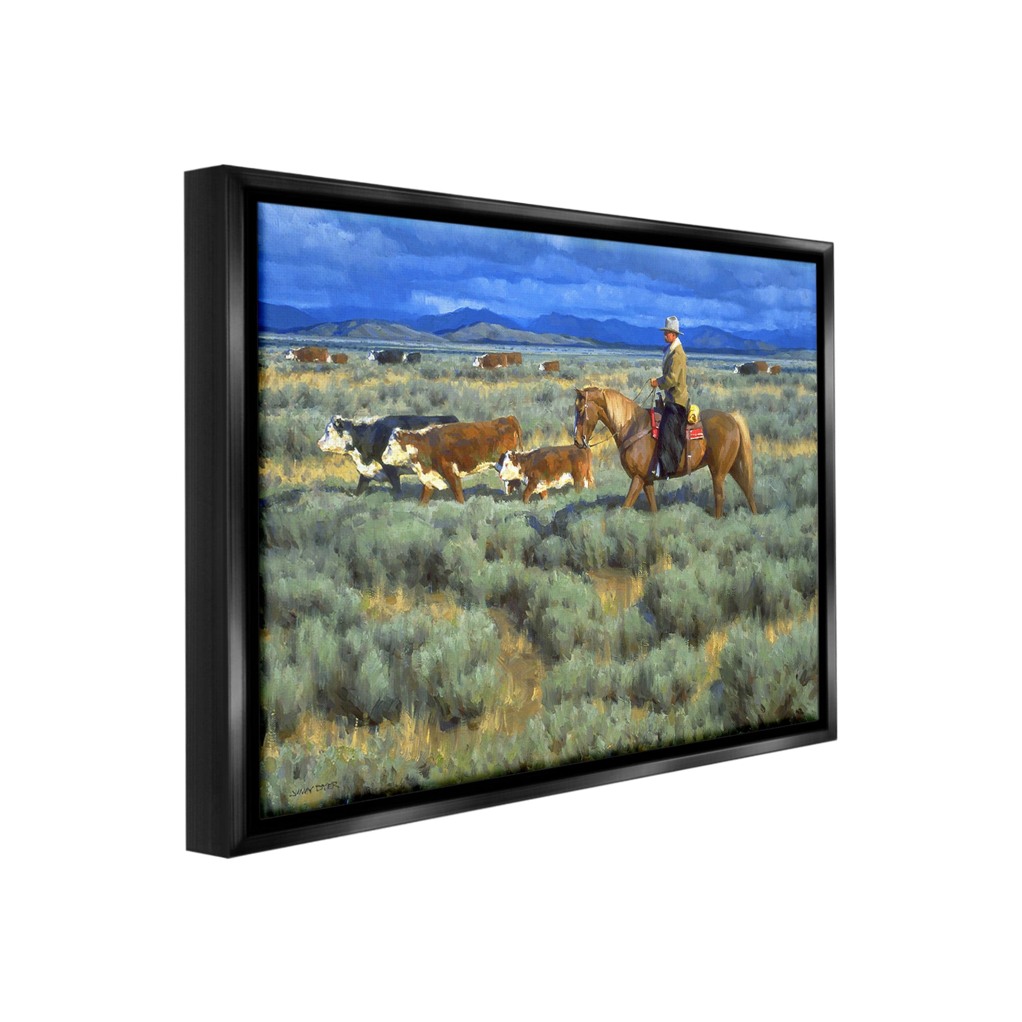 Stupell Industries Cowboy Rounding Cattle Animals & Insects Painting Black Floater Framed Canvas Art Print Wall Art, 31 x 25