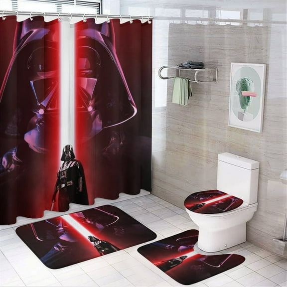 4 Pcs Shower Curtain Set Darth Vader Shower Curtain with 12 Hooks, Non-Slip Rugs,Toilet Lid Cover And Bath Mat for Bathroom Decor