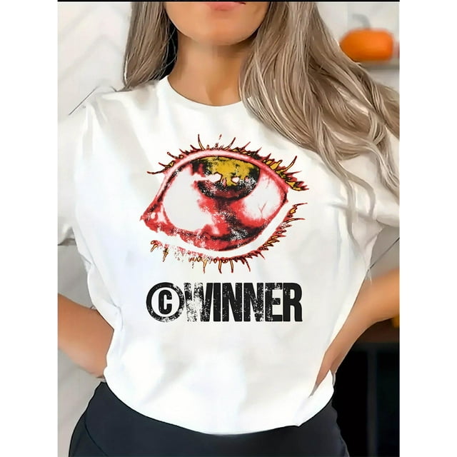 Camiseta con estampado gráfico de ojos para mujer, informal, de cuello redondo y manga corta, con estampado geométrico, tejido de punto de algodón con elasticidad media, ajuste cómodo para cualquier t