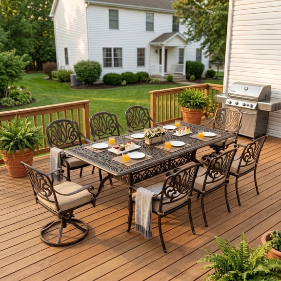 9-Piece Cast Aluminum Patio Furniture, Outdoor Dining Sets for 8 Include 87" Rectangular Patio Dining Table, 6 Stackable Chairs & 2 Swivel Chairs with Cushions & Umbrella Hole(Bronze)