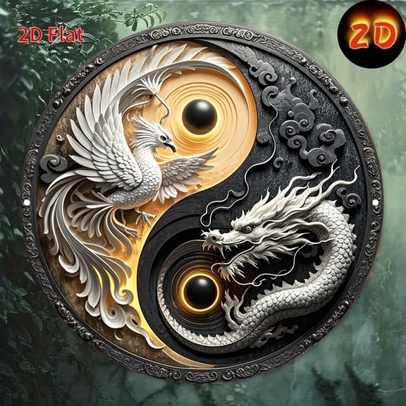 HELLOYOUNG Vintage Harmony Dragon Phoenix Metal Tin Sign Wall Art Home Decor 8x8 Inch for Living Room Bedroom