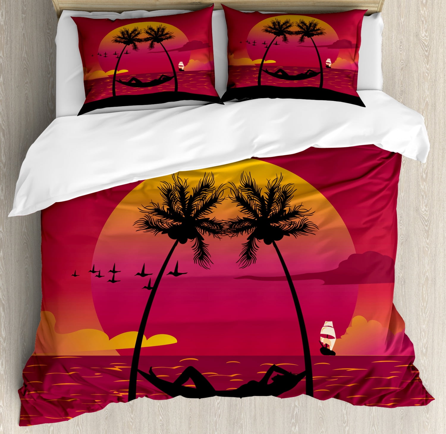 Island King Size Duvet Cover Set, Girl Lying Down in a Hammock Caribbean Coast Relax Vacation