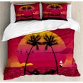 thumbnail image 1 of Island Queen Size Duvet Cover Set, Girl Lying Down in a Hammock Caribbean Coast Relax Vacation Sunset, Decorative 3 Piece Bedding Set with 2 Pillow Shams, Dark Coral Orange and Black, by Ambesonne, 1 of 3