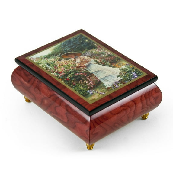 Handcrafted Ercolano Music Box With Painted Scene "Quite Garden" By Sandra Kuck - Singing In The Rain