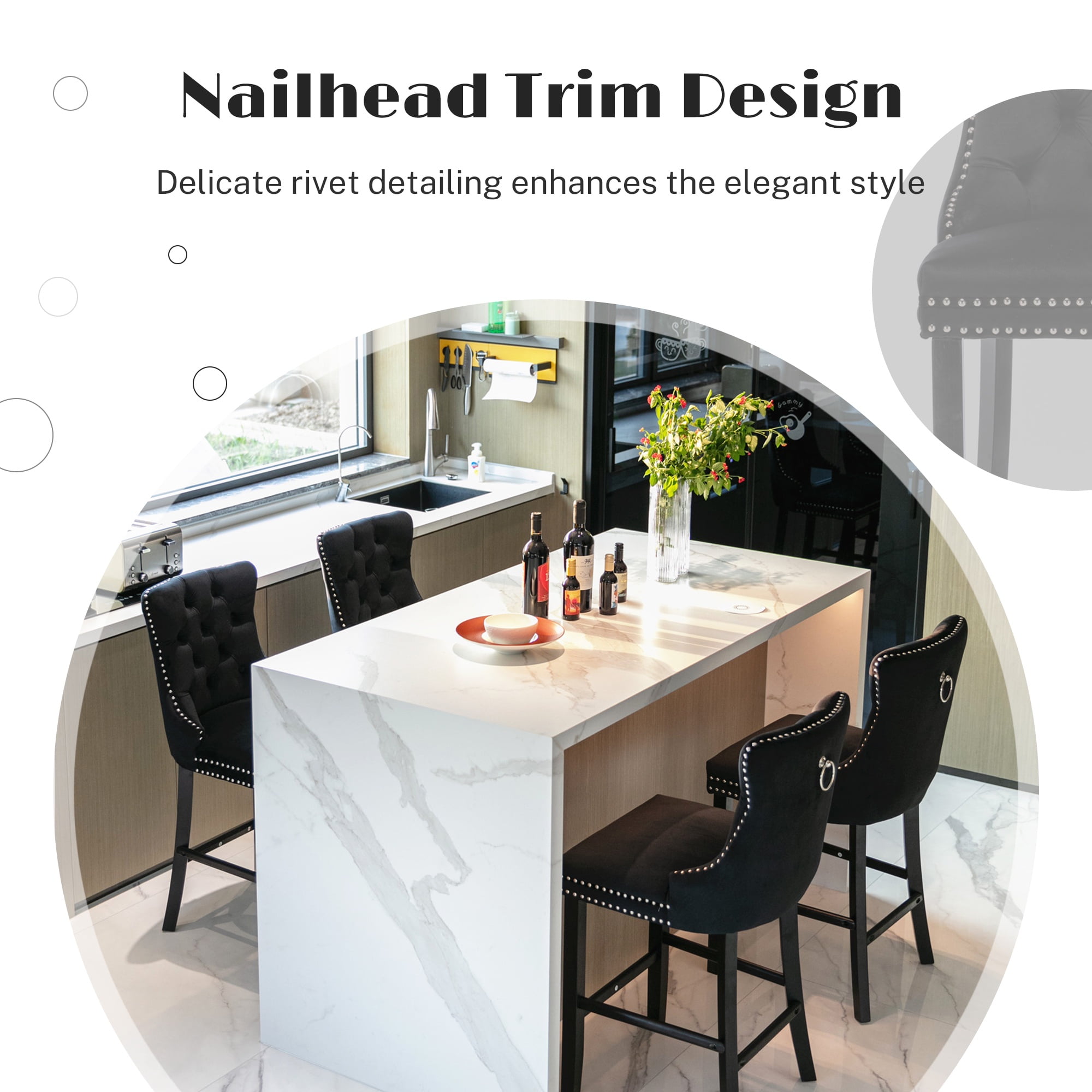 Paproos Upholstered Bar Stools Set of 2, Velvet Barstools with Wood Legs and Tufted, Modern Leisure Counter Height Bar Chairs with Chrome Nailhead Trim for Home Pub and Kitchen Island, Black