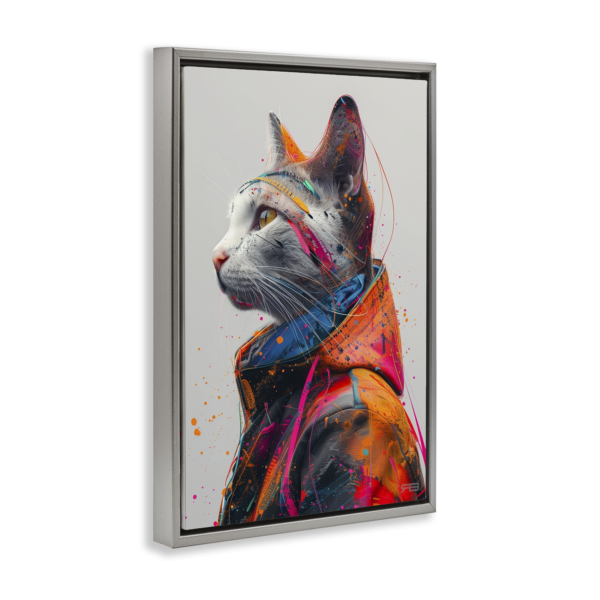 Stupell Industries Paint Splatter Cat Animals & Insects Painting Gray Floater Framed Canvas Art Print Wall Art, 21 x 31