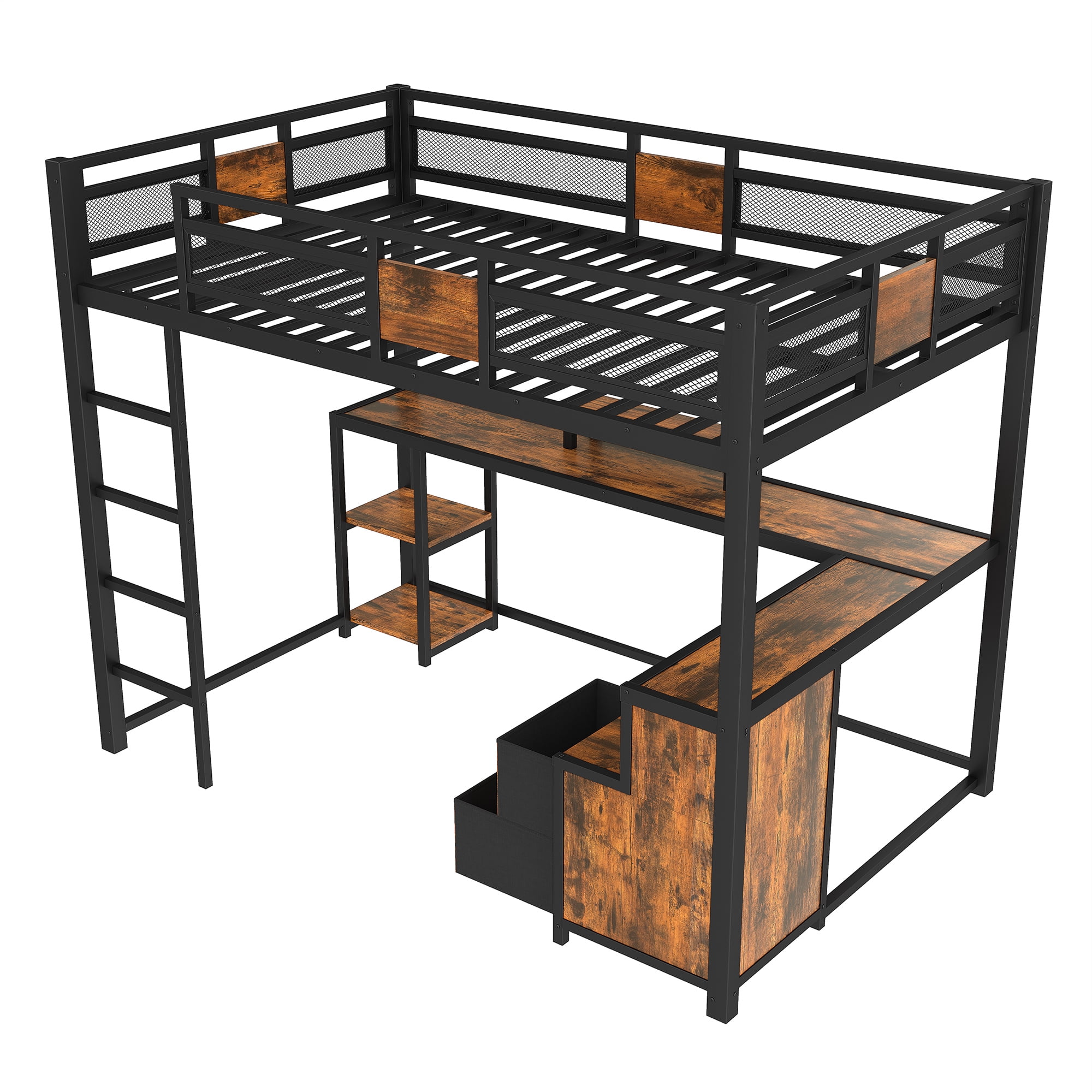 Leumius Full Size Loft Bed with Desk and Storage Drawers,Industrial Style Metal Loft Bed Frame with Ladders,Space-Saving/Noise Reduced,Black