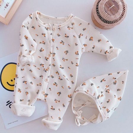 

DancePeanut New Newborn Long Sleeve Jumpsuit Hat Waffle Single Breasted Comfortable Soft Floral Romper Bodysuit Set Baby Clothing