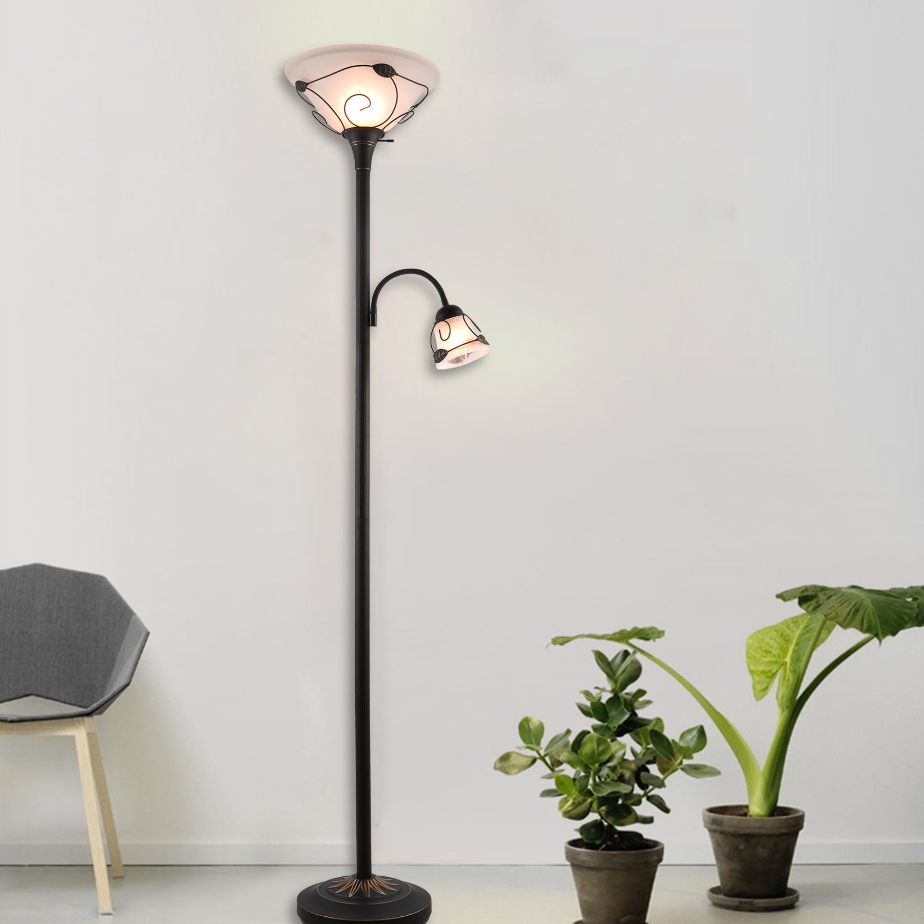 ETL Listed Torchiere Floor Lamp w/ Side Reading Lamp Dark-bronze