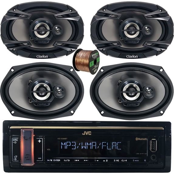 JVC Single DIN Digital Media USB AUX Bluetooth AM/FM Stereo Car Audio Receiver Bundle Combo with 4x Clarion SE6934R 6x9" Multiaxial 3-Way 400W Car Audio Speakers, 16 Gauge 50 Feet Speaker Wire