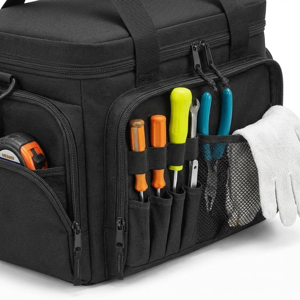 14-Inch Heavy-Duty Canvas Tool Bag, Multi-function Large Capacity Tool Organizer Tote Bag, with Adjustable Shoulder Strap, Exterior Pockets for Hand Tools, for Electrician, Plumber (B)