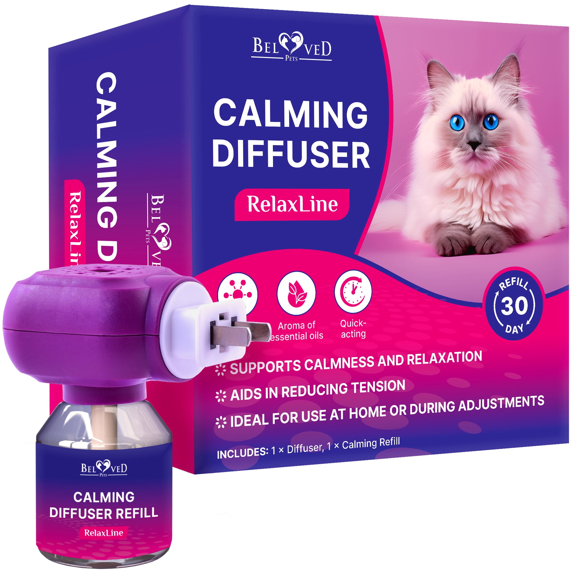 Relaxivet Natural Cat Calming Pheromone Diffuser - Improved No-Stress Formula - Anti-Anxiety Treatment #1 for Cats and Dogs with a Long-Lasting Calming Effect