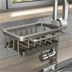 thumbnail image 3 of Estante de almacenamiento para grifo con bandeja de goteo, instalación sin herramientas, organizador de fregadero ahuecado para esponjas y cepillos, soporte de aluminio que ahorra espacio para co, 3 of 9