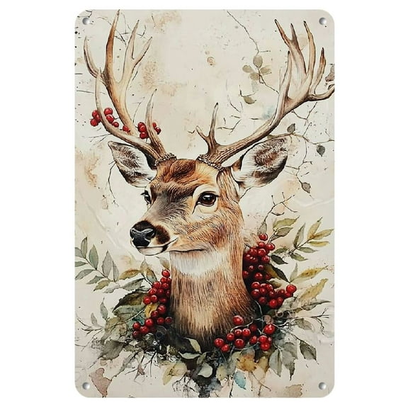 Rustic Vintage Watercolor Deer Metal Wall Sign - Distressed Christmas Reindeer Decor, 8x12 Inches, Easy to Hang Iron for Modern Home & Cabin