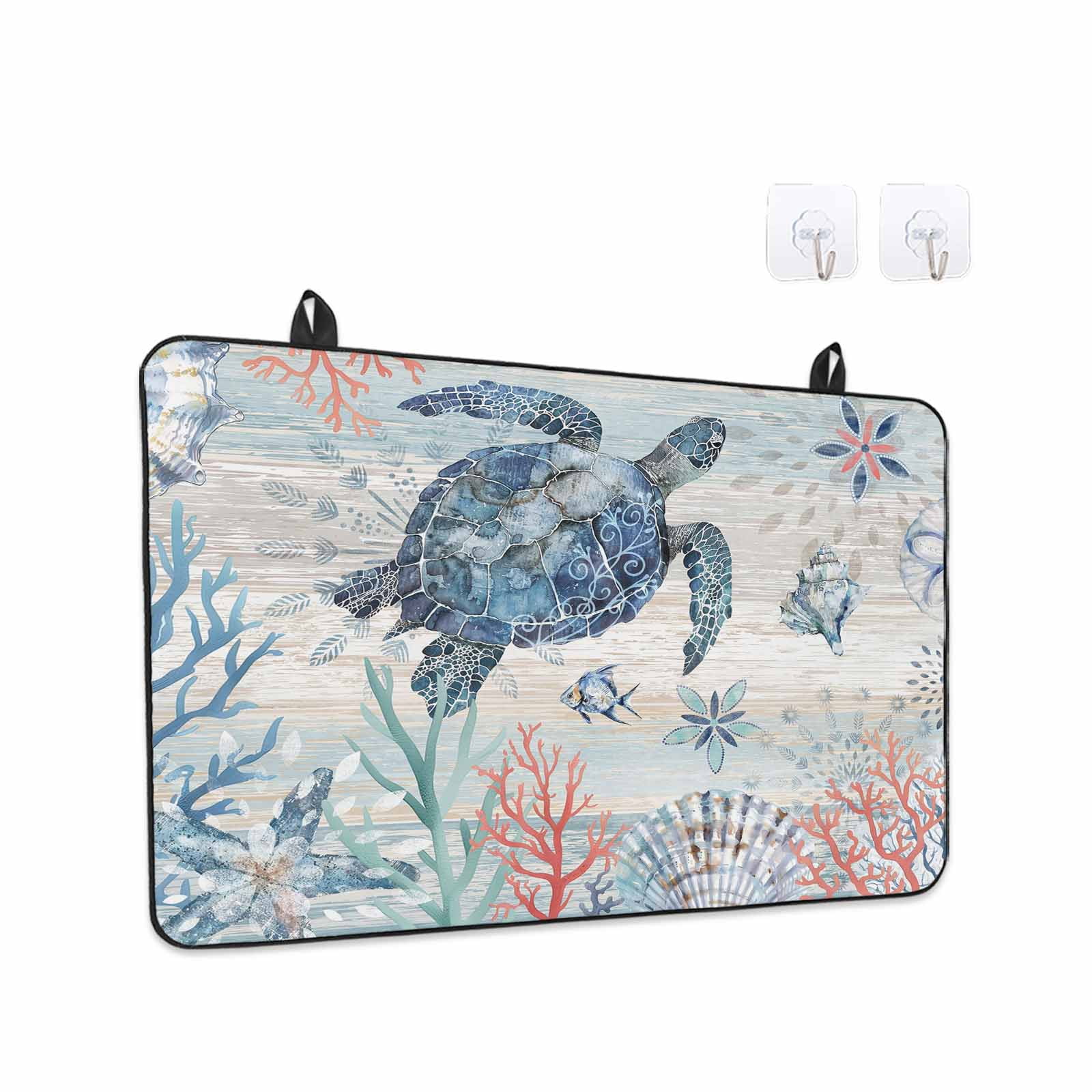 Coastal Turtle Stove Top Cover for Electric Stove, Heat-proof & Non Slip Glass Top Stove Cover Protector, Rustic Nautical Starfish Conch Coral Wood Kitchen Flat Cooktop Rubber Mat 24x21 Inches