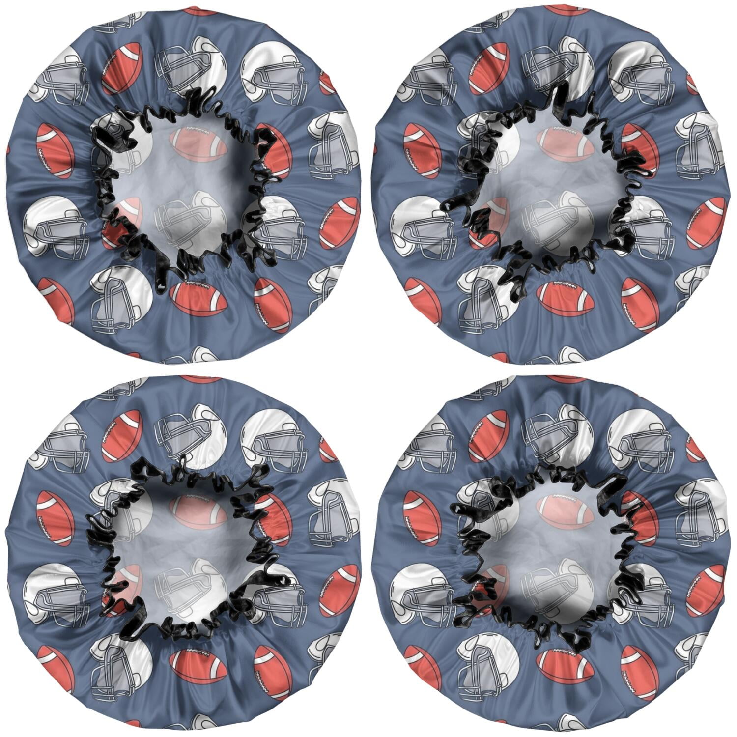 Shower Caps,Blue Football Helmets and Balls Pattern Waterproof Shower Cap for Women 4 Pieces,Double Reusable Hair Cover for Shower PEVA Elastic Stretch Hem