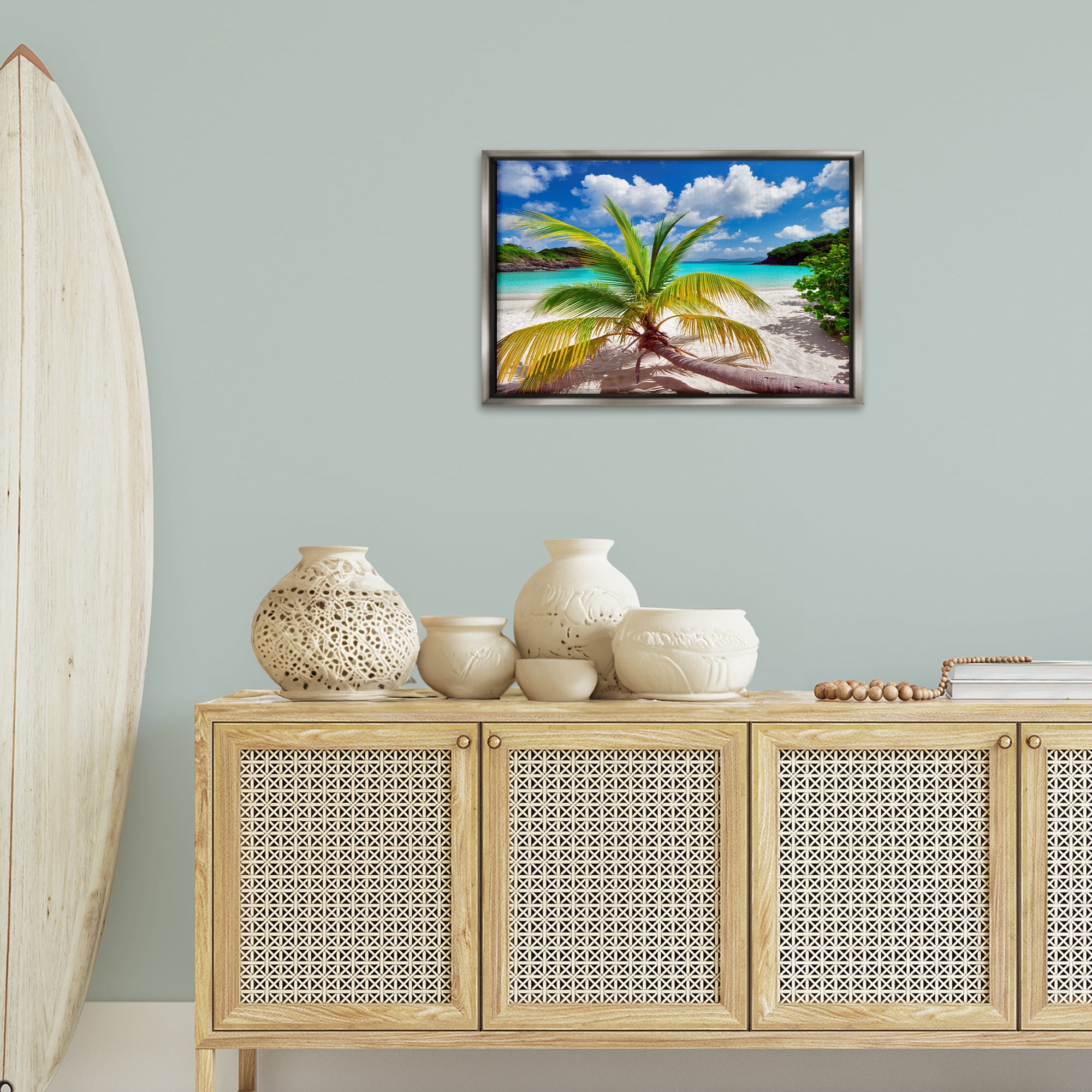 Stupell Industries Palm Tree Across Beach Coastal Photography Gray Floater Framed Canvas Art Print Wall Art, 25 x 17