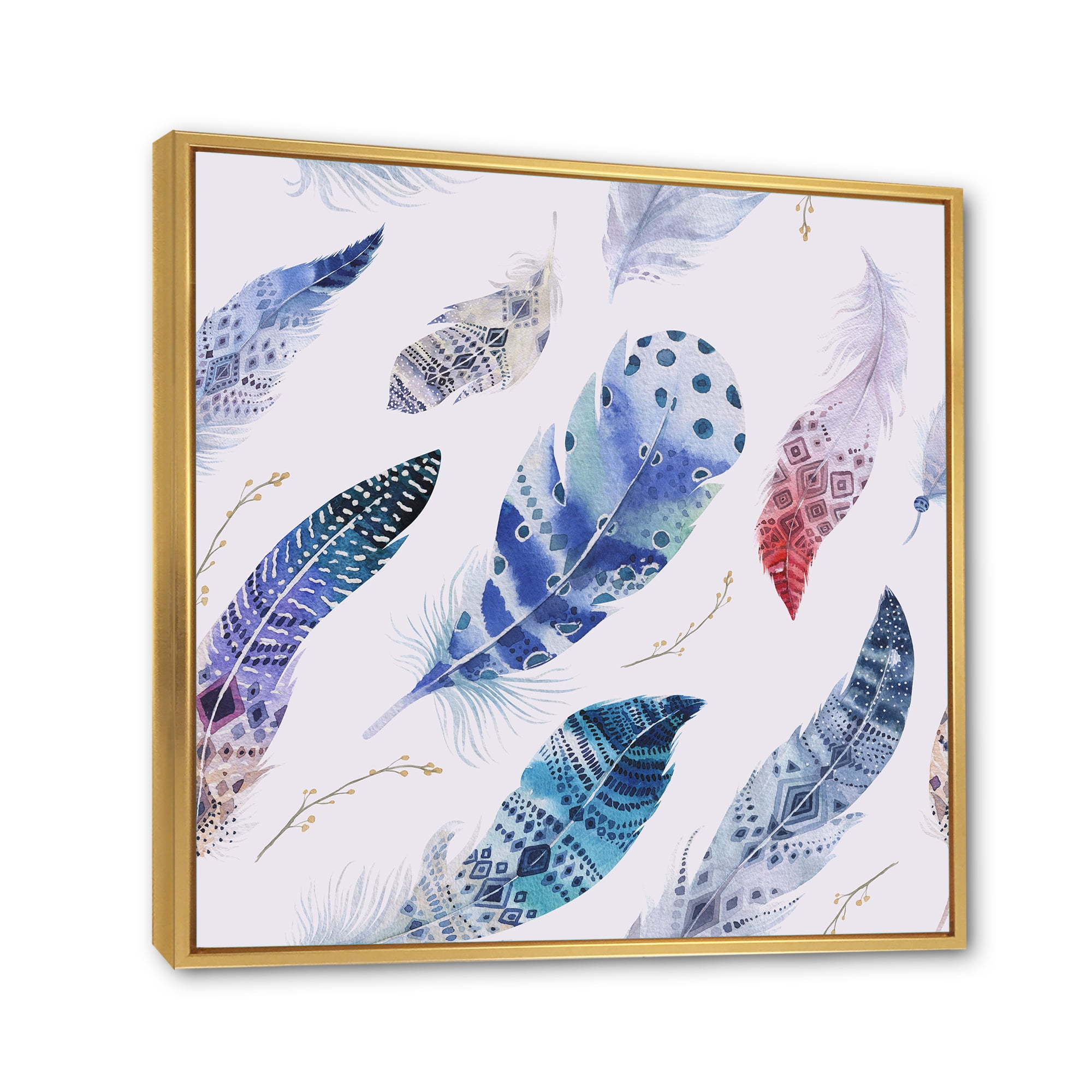Designart 'Elegant Blue Boho Art Feathers' Bohemian & Eclectic Framed Canvas Wall Art Print