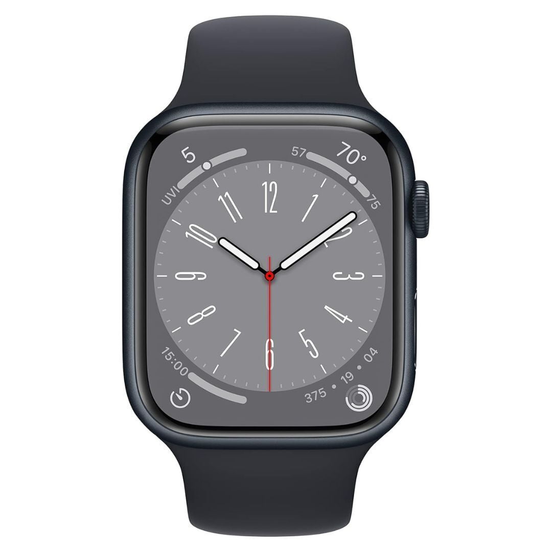 Apple Watch Series 8 Smartwatch with Built-In GPS, 32GB Memory, Midnight Aluminum Case with Midnight Sport Band, Blue/45mm, 1