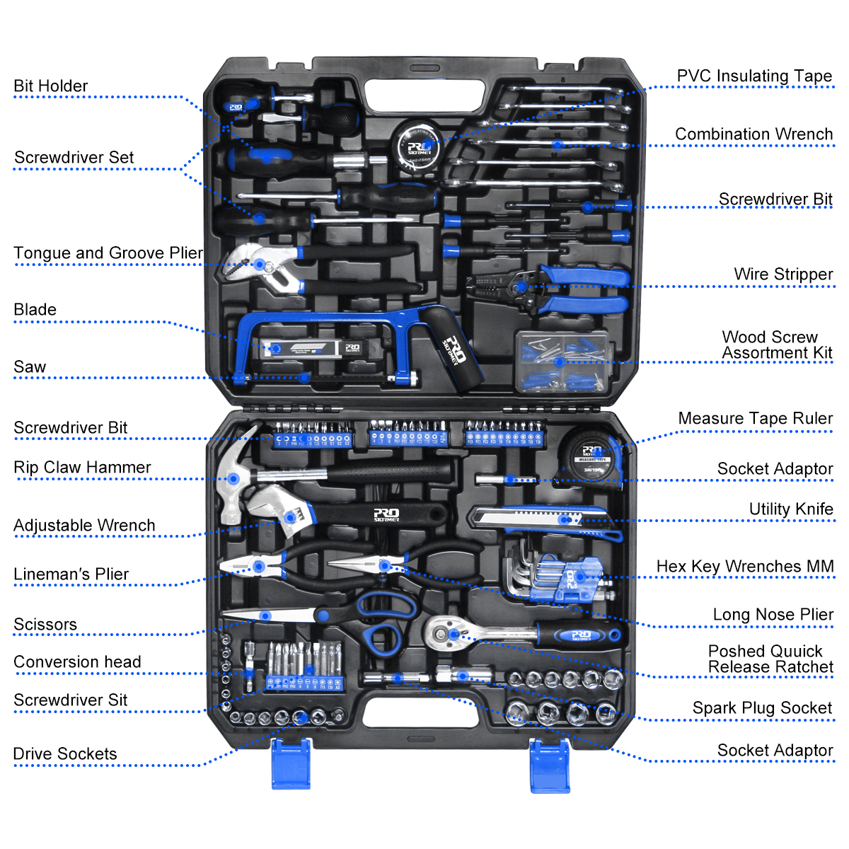 PROSTORMER 198 Pcs Hand Tool Set,DIY Home Repair Kit,Multi-Purpose Car Repair Tool Set,with Hammer,Pliers,Screwdriver Set,Wrench Sockets and Plastic Toolbox Storage Case