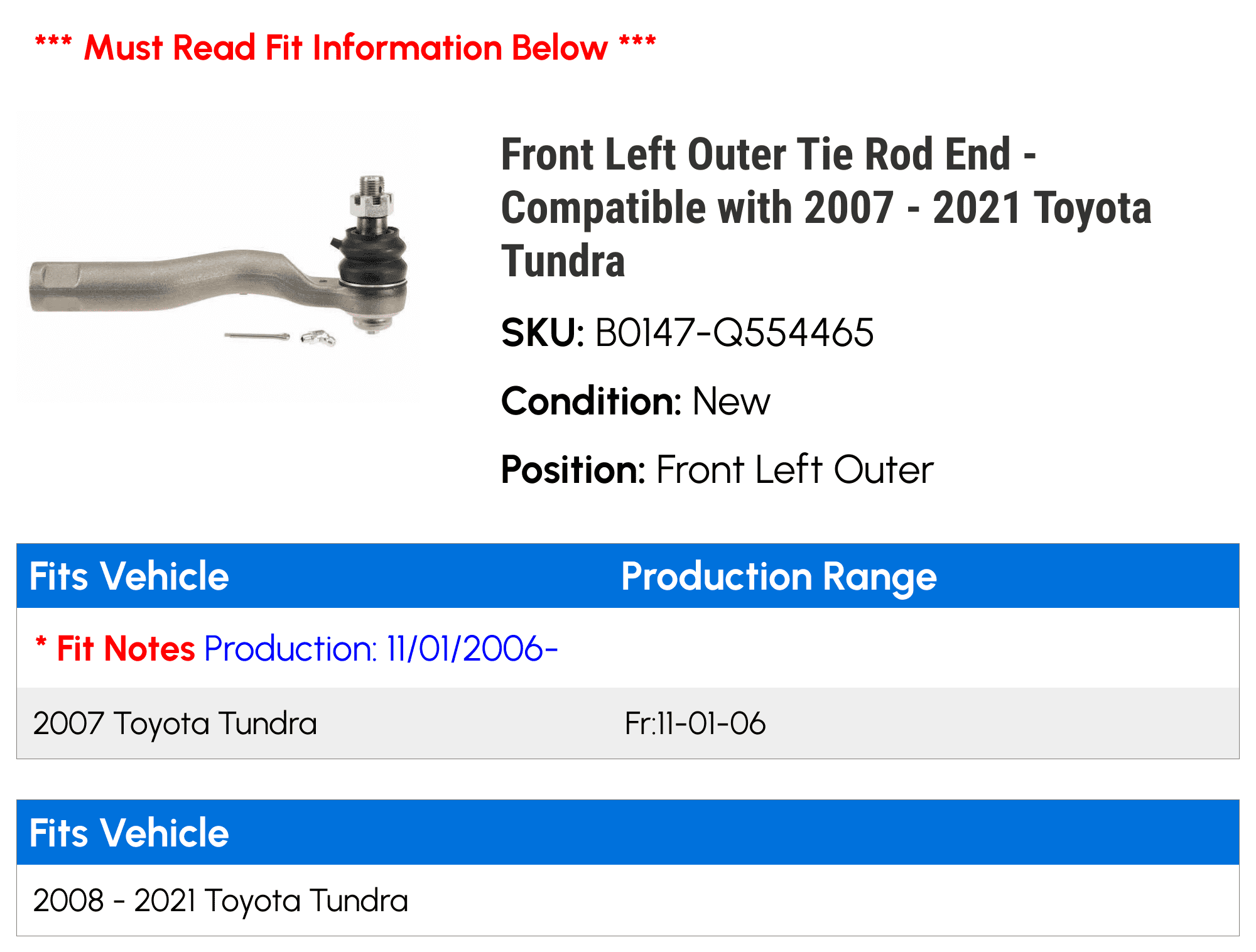 Front Left Outer Tie Rod End - Compatible with 2007 - 2021 Toyota Tundra 2008 2009 2010 2011 2012 2013 2014 2015 2016 2017 2018 2019 2020
