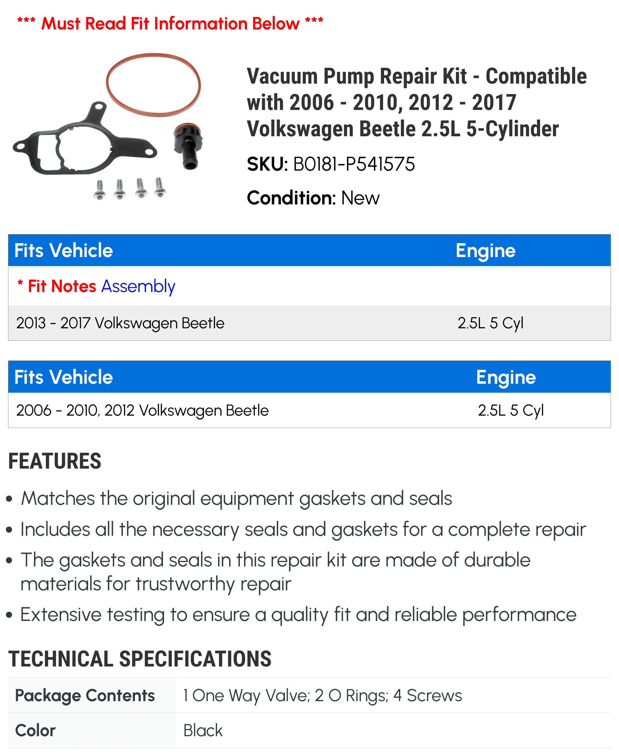 Vacuum Pump Repair Kit - Compatible with 2006 - 2010, 2012 - 2017 Volkswagen Beetle 2.5L 5-Cylinder 2007 2008 2009 2013 2014 2015 2016