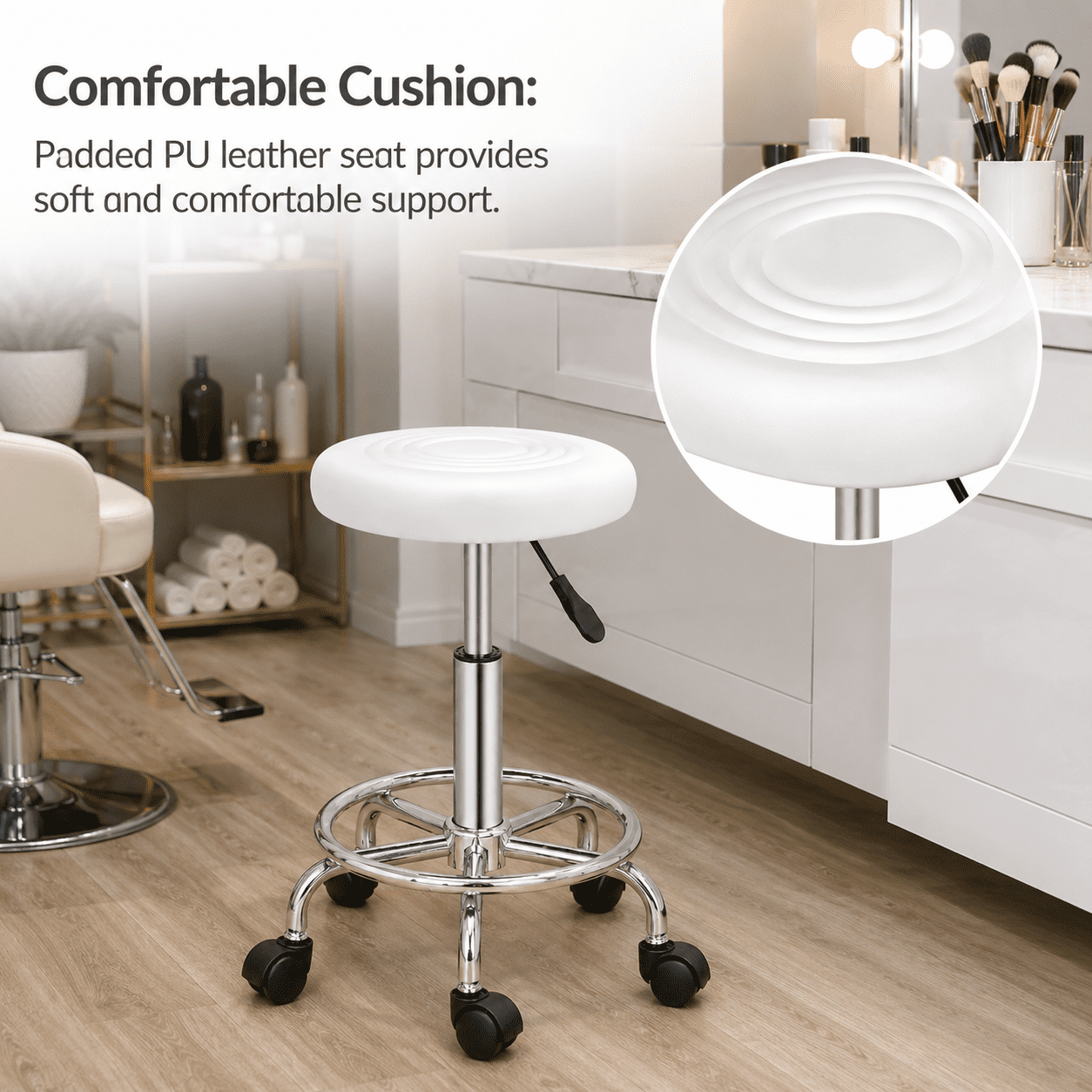 Alvantor Rolling Stool, White PU Leather Round Seat with Height Adjustment