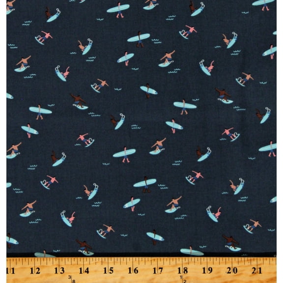 Cotton Surfing Water Ocean Waves People Riptide Blue Cotton Fabric Print by the Yard (C10303)