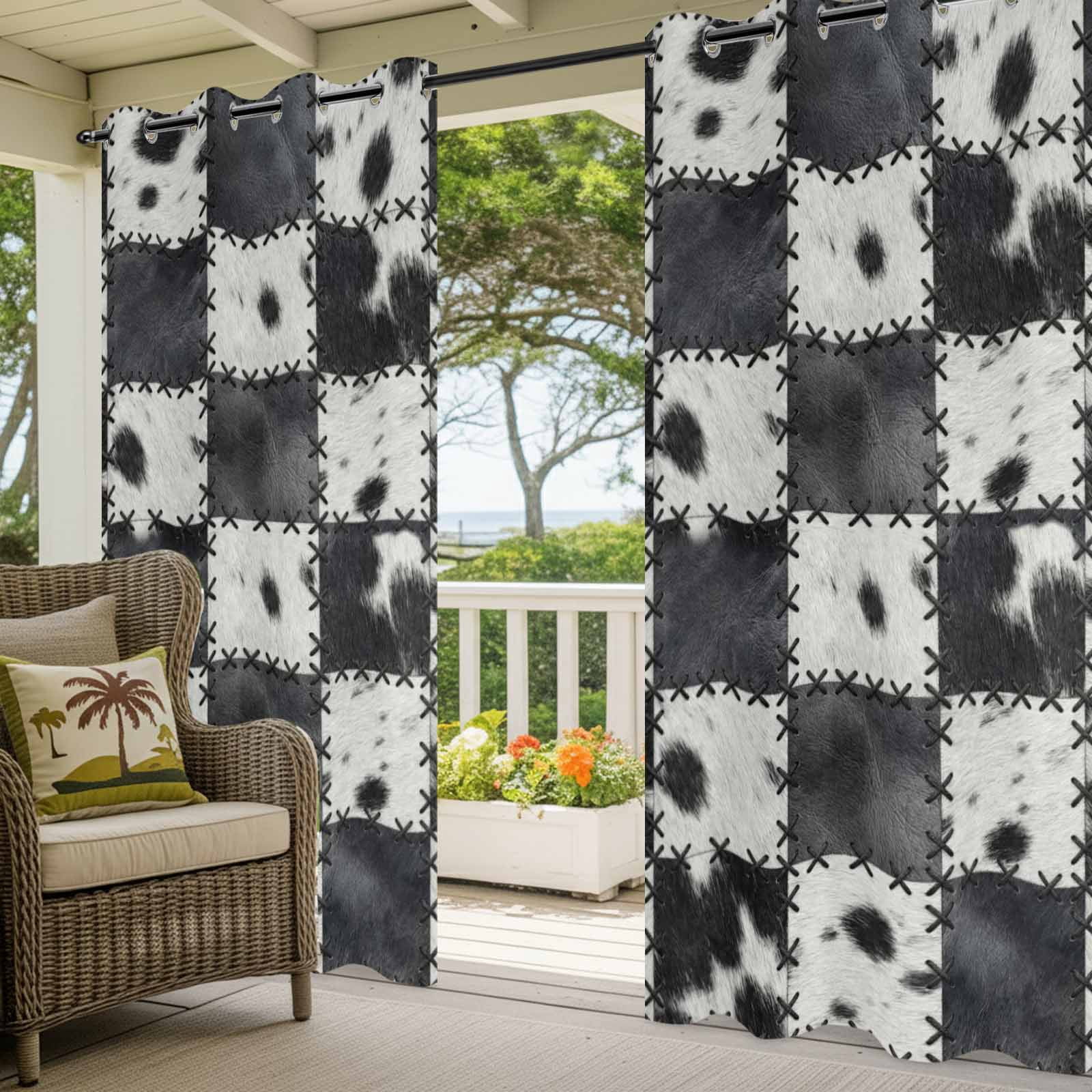 Abstract Cowhide Patchwork Outdoor Curtains for Patio, Country Farm Black White Plaid Sunshade Privacy Drapes Grommet Waterproof Outside Curtains for Porch/Cabana/Balcony 54"x 108", 1 Panel