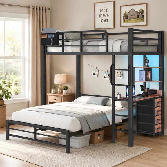 Twin Over Full Bunk Bed with Desk, Metal Bunk Bed Frame with Drawers, LED Lights, Charging Station, Shelf, Storage Bag and Handrail, Black