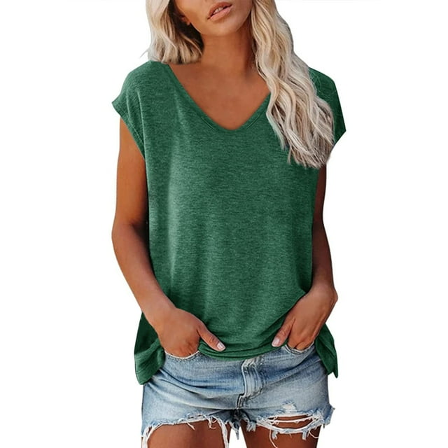 Women's Casual Blouses Cap Sleeve Summer V Neck Solid Color Soft Tees for Ladies