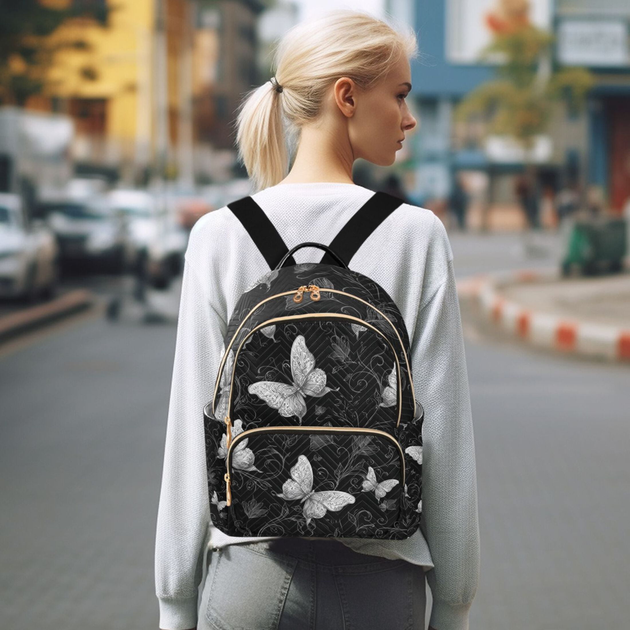 Gray Butterflies Flowers on Black Background Quilted Backpack Fashion Daypack Commuter Bag for Women 14 L