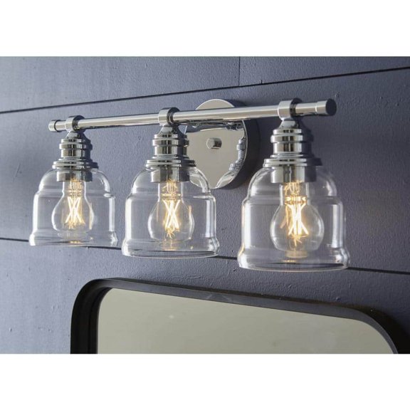 Open Box Ambrose Collection Three-Light Farmhouse Polished Chrome Clear Glass Bath Vanity Light
