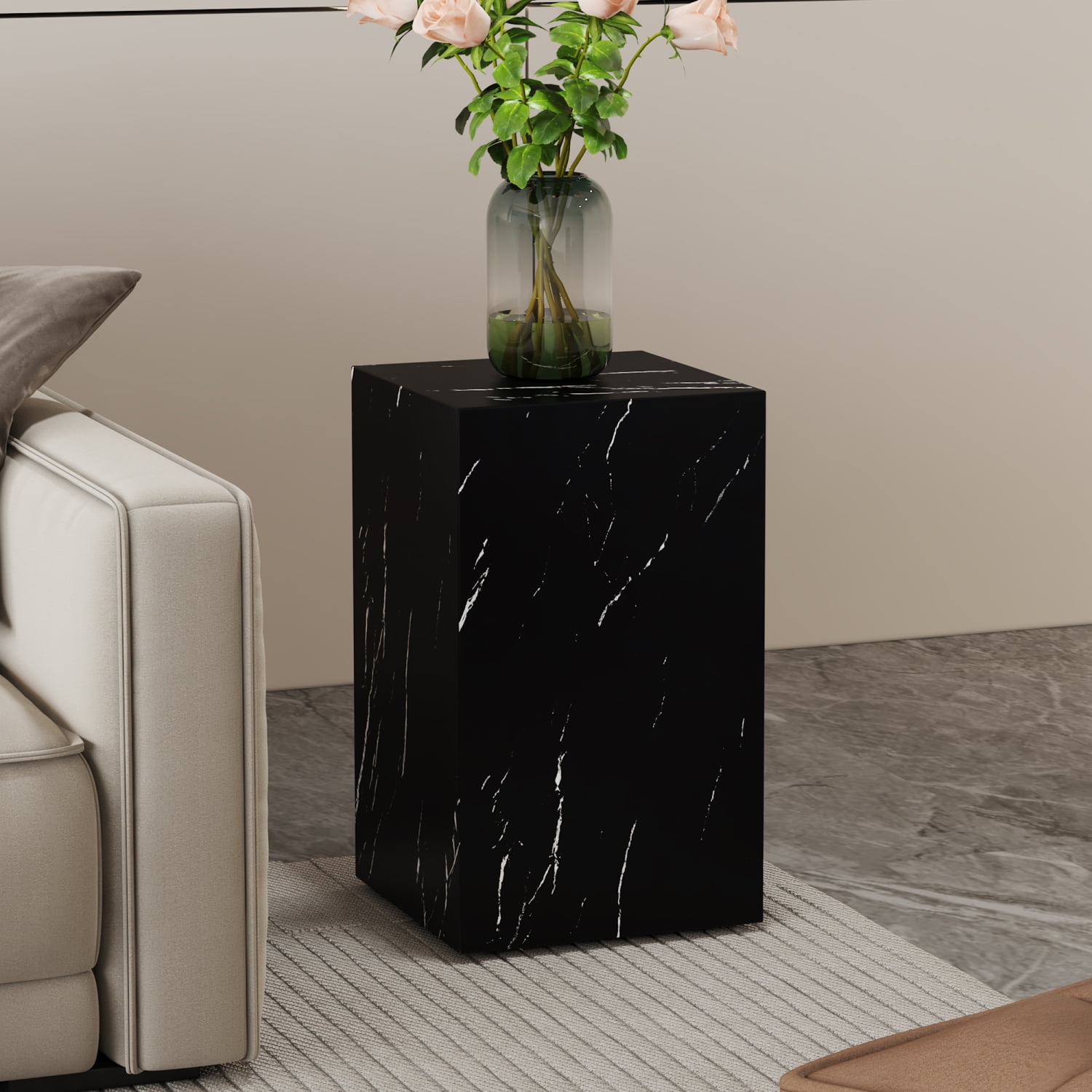 11.8*11.8*19.6 Inch Black Marble Texture MDF Coffee Table Modern Living Room Accent