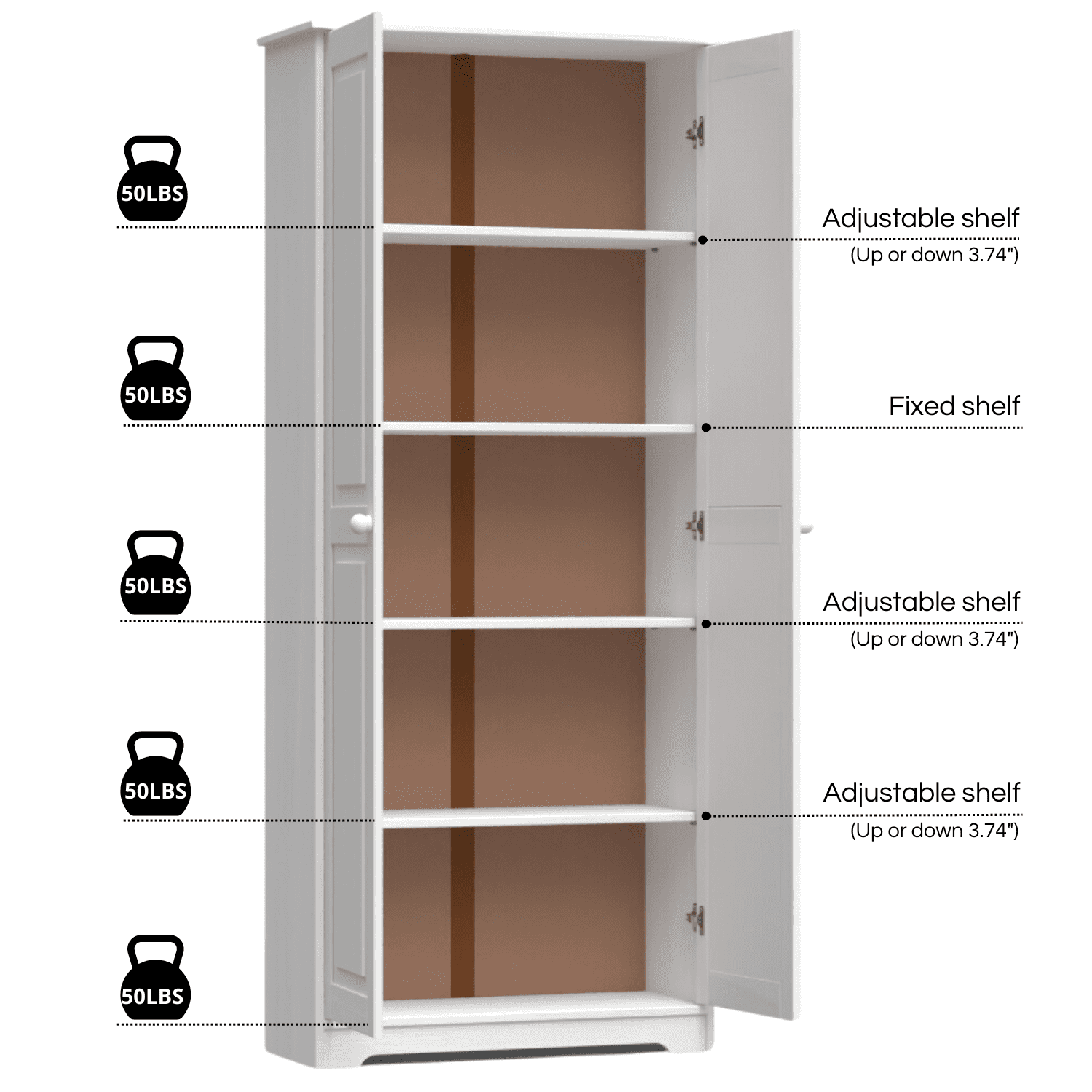 From the Tree Furniture Pantry Cabinet with Adjustable Shelves, Solid Pine Wood, White, 2 Doors