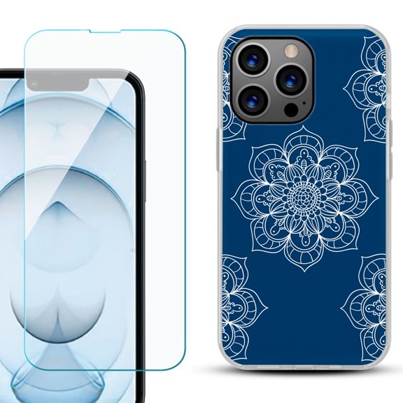 Slim-Fit Gel TPU Phone Case for iPhone 13 Pro Max, with Tempered Glass Screen Protector, by OneToughShield ® - Mandala / Blue