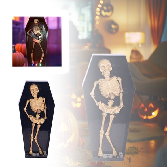 Electric Coffin Skeleton Halloween Decor with LED Lights and Sound Effects Animated Dancing Skeleton Prop Voice Activated Scary Decorations for Outdoor Haunted House Party Yard Graveyard Display