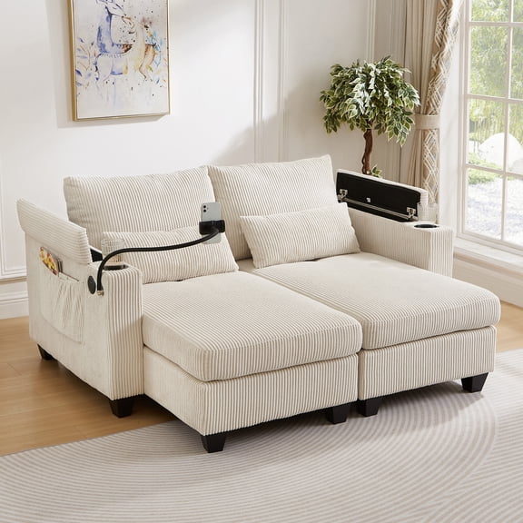 63" Corduroy Convertible Chaise Lounge Loveseat with Storage, USB Ports & Lumbar Pillows