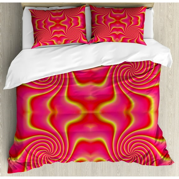 Spires Decor Queen Size Duvet Cover Set, Digital Pop Art Produced Figural Expanding Shady Lines and Nested Shape Design, Decorative 3 Piece Bedding Set with 2 Pillow Shams, Red Yellow, by Ambesonne