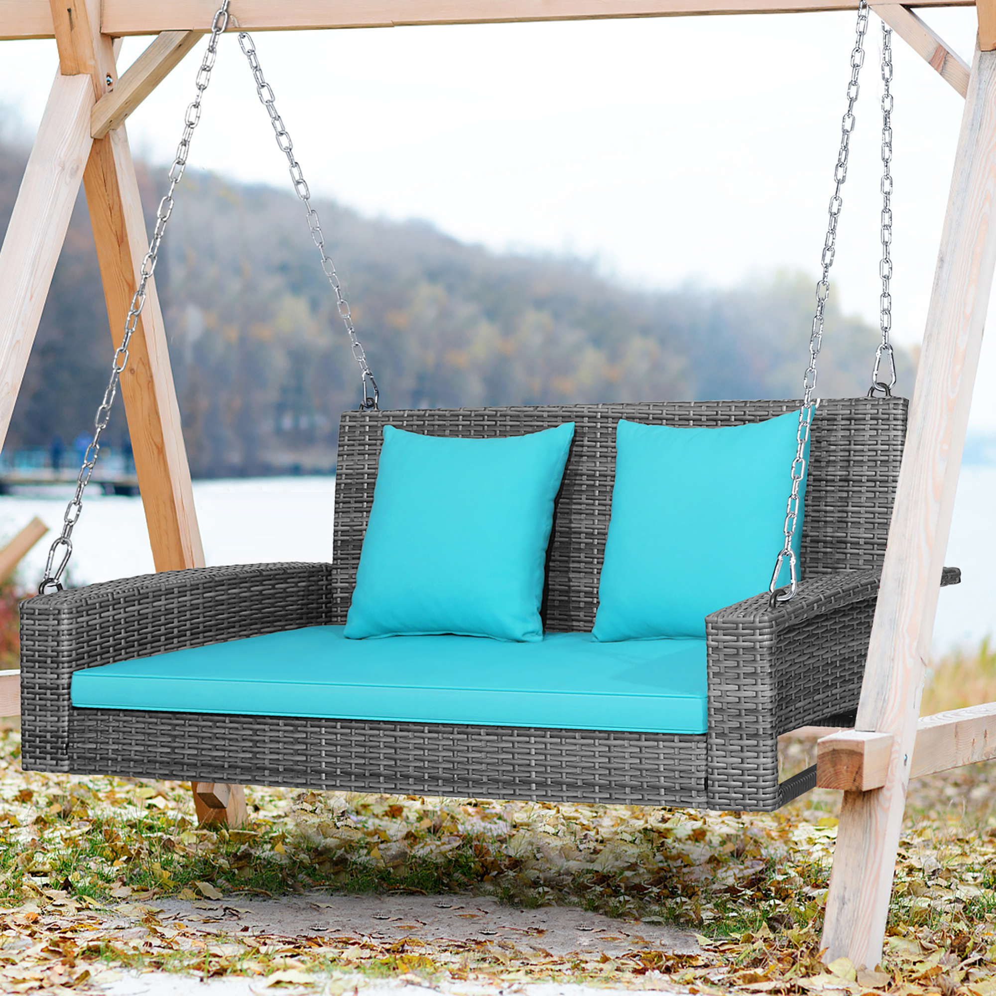 Costway 2-Person Patio PE Wicker Hanging Porch Swing Bench Chair Cushion 800lbs - image 2 of 10
