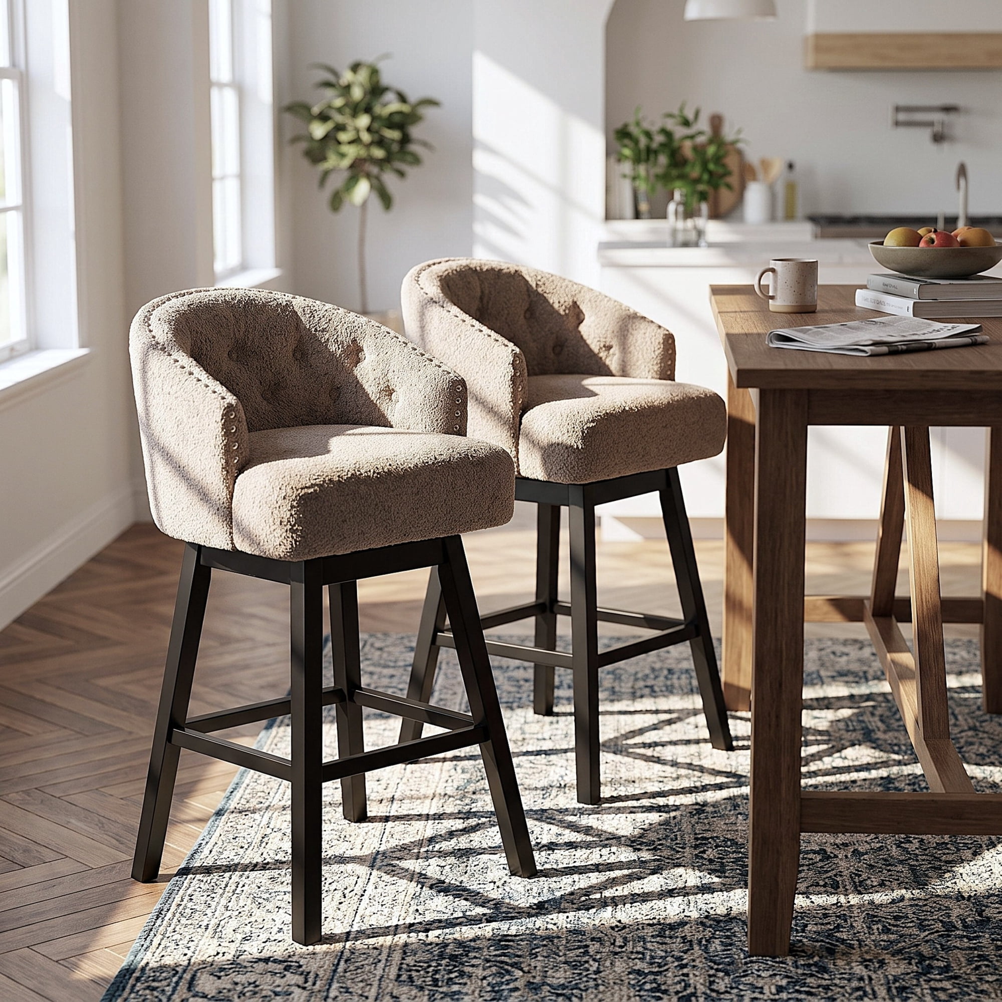 Christopher Knight Home 360° Swivel Bar Stools with Nailhead Trim, Wooden Legs, Khaki, Set of 2