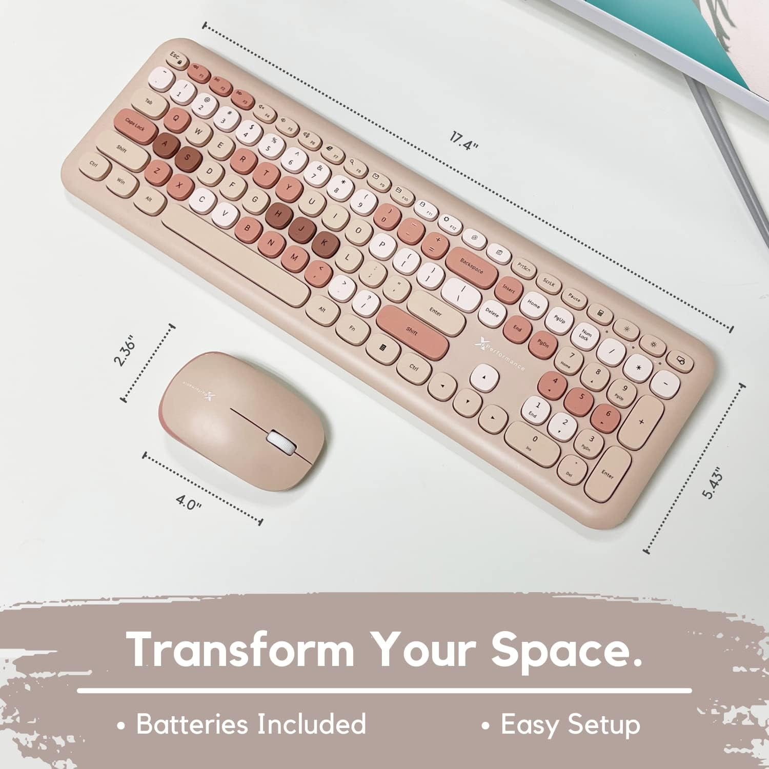 X9 Performance Colorful Keyboard and Mouse Combo - 2.4Ghz Wireless - Transform Your Space with a Cute Wireless Keyboard and Mouse Set (110 Keys and 18 Shortcuts) - for PC and Chrome (Brown)