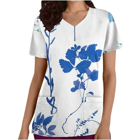 

RYRJJ Short Sleeve Scrub Top for Women Ladies Butterfly Floral Print Blouse Casual Nurse Uniforms Pockets Workwear T Shirt(Blue XXL)