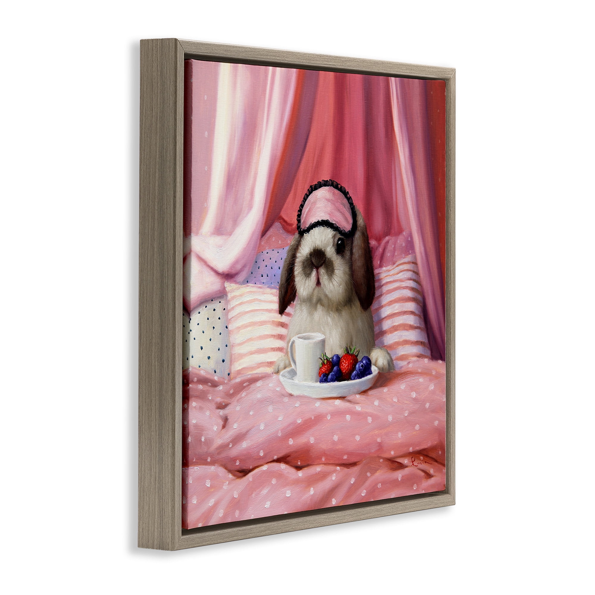 Stupell Industries Bunny with Breakfast In Bed Animals & Insects Painting Brown Floater Framed Canvas Art Print Wall Art, 25 x 25