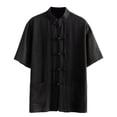 thumbnail image 2 of Men's Tang Style Shirt Solid Color Cotton Linen Blend Short Sleeve Shirt, Loose Fit with Frog Buttons and Pockets, 2 of 6